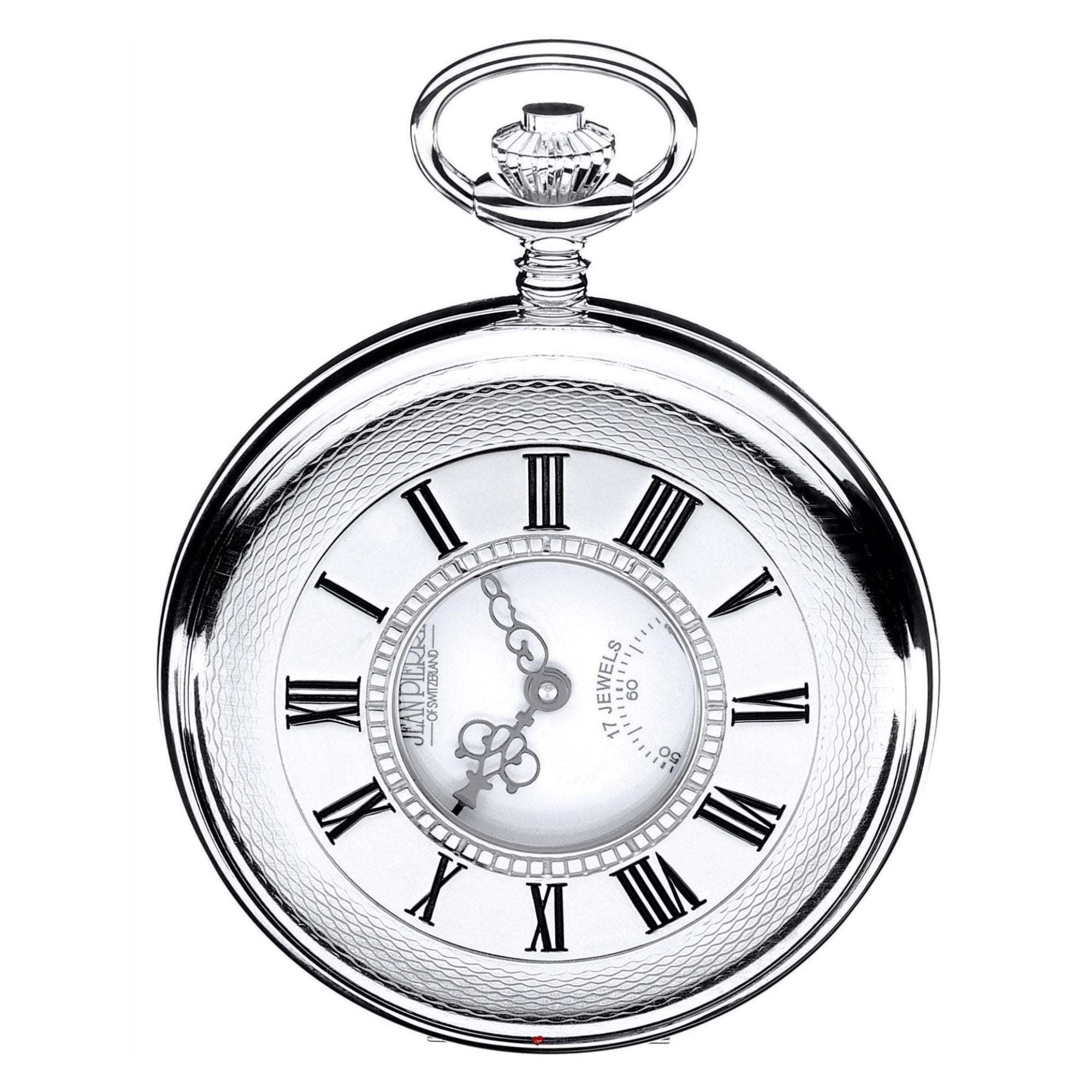 Silver pocket watch with Roman numeral markings on a white background