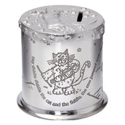 Silver money box with engraved cat and fiddle design and text on a white background