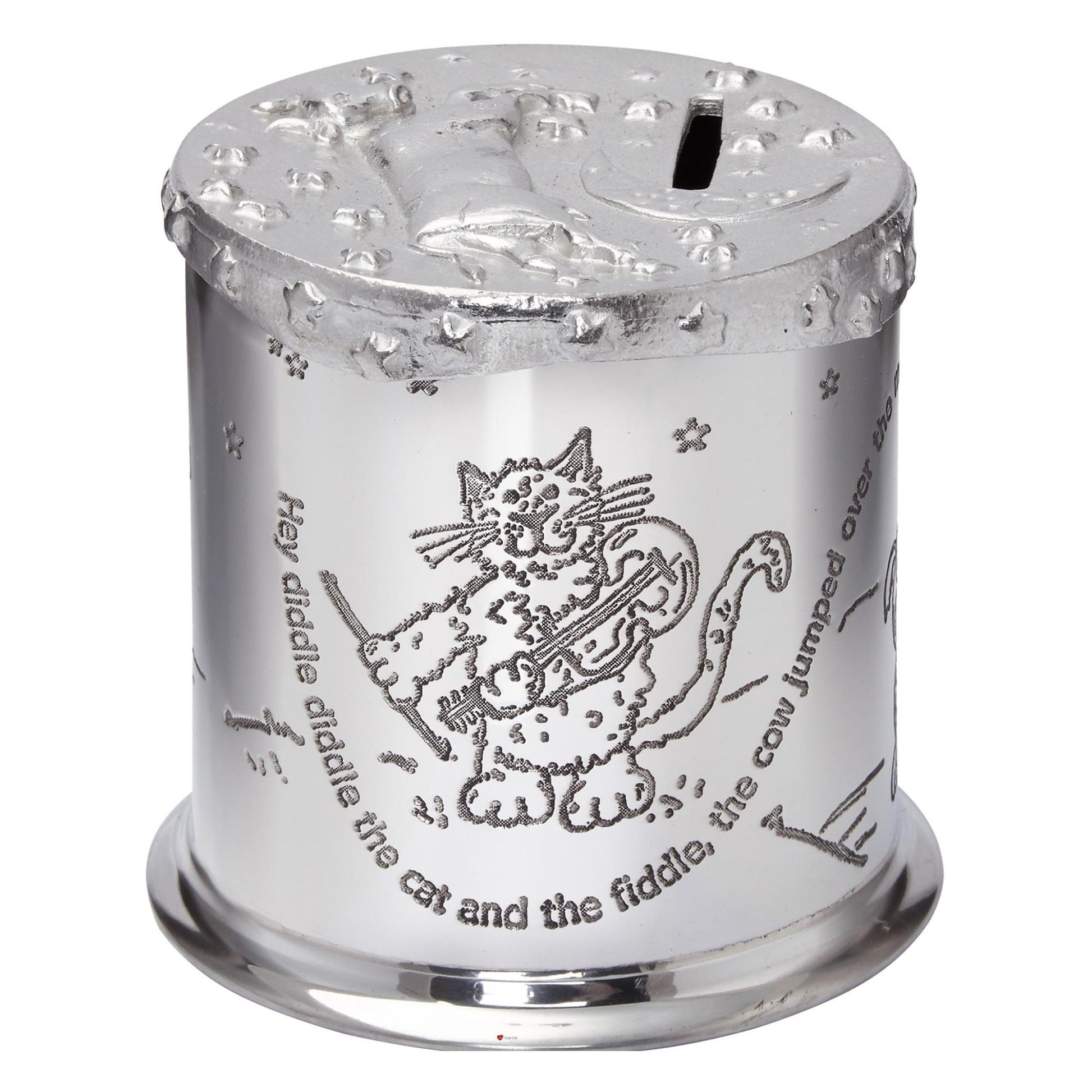 Silver money box with engraved cat and fiddle design and text on a white background