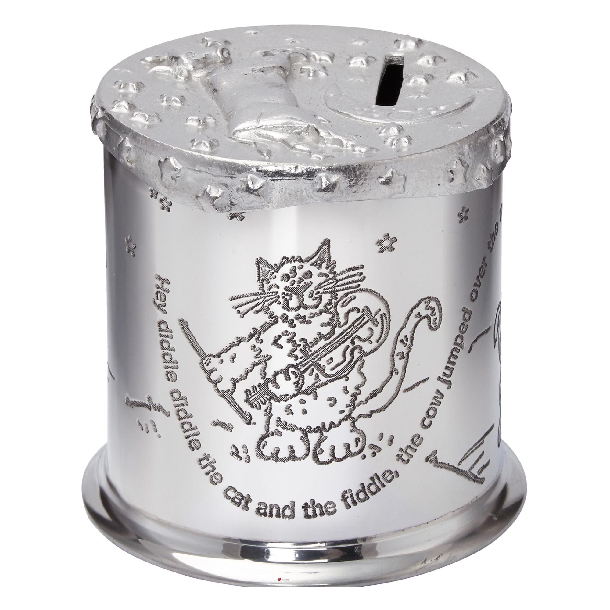 Silver money box with engraved cat and fiddle design and text on a white background