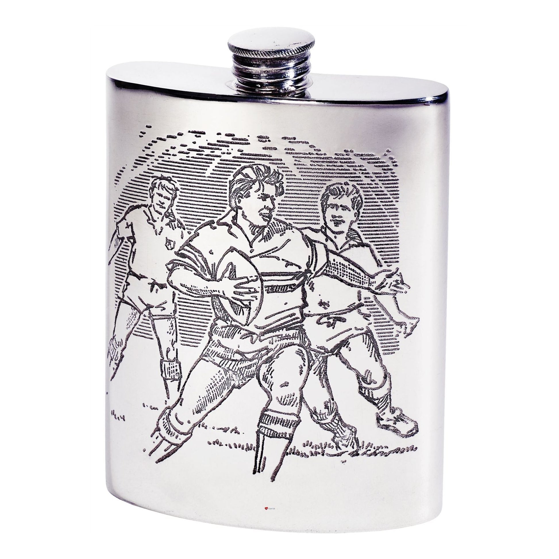 Silver flask with black and white illustration of three men playing a game on its surface