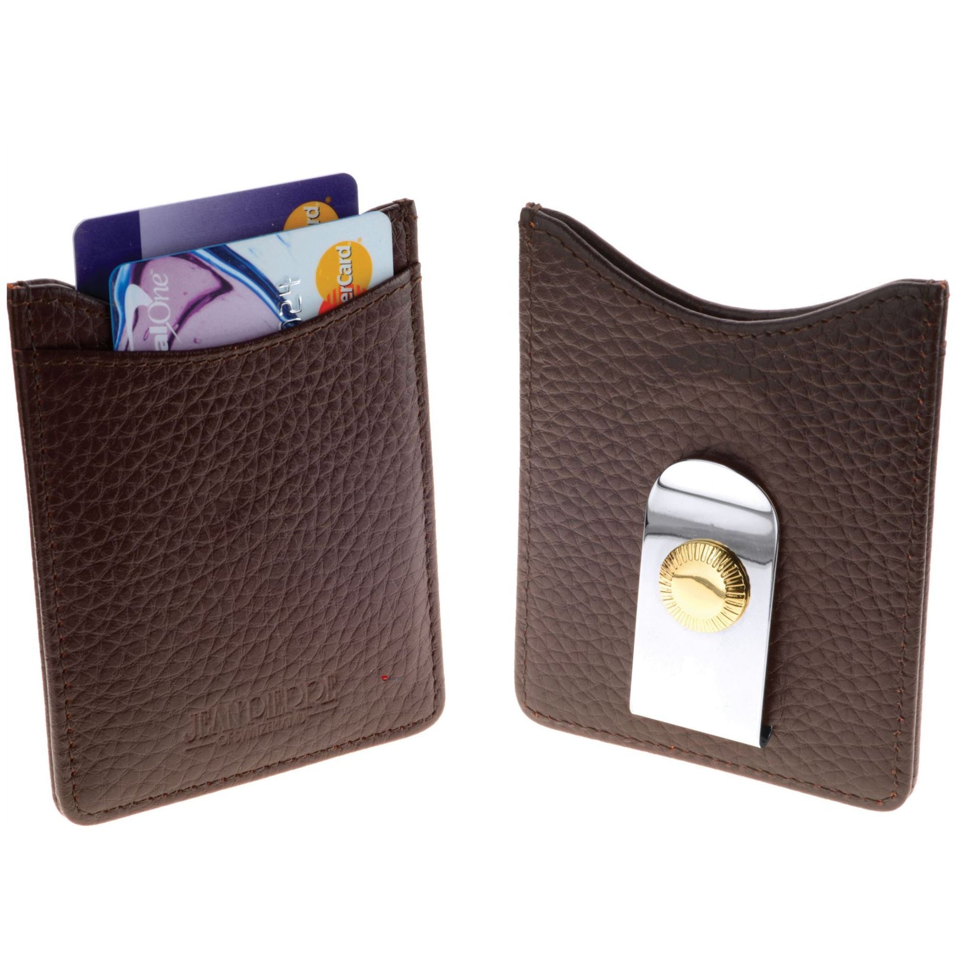 Brown leather cardholder with money clip on a white background