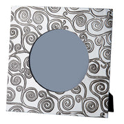 Decorative mirror with a circular blue glass panel on a white background with black spiral pattern