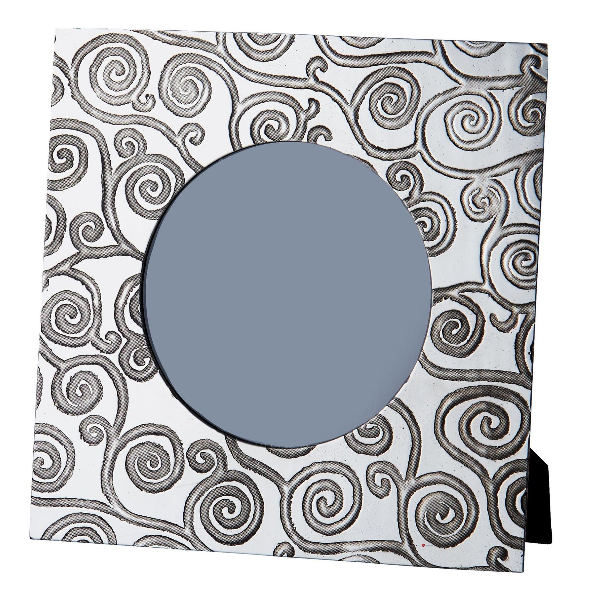 Decorative mirror with a circular blue glass panel on a white background with black spiral pattern