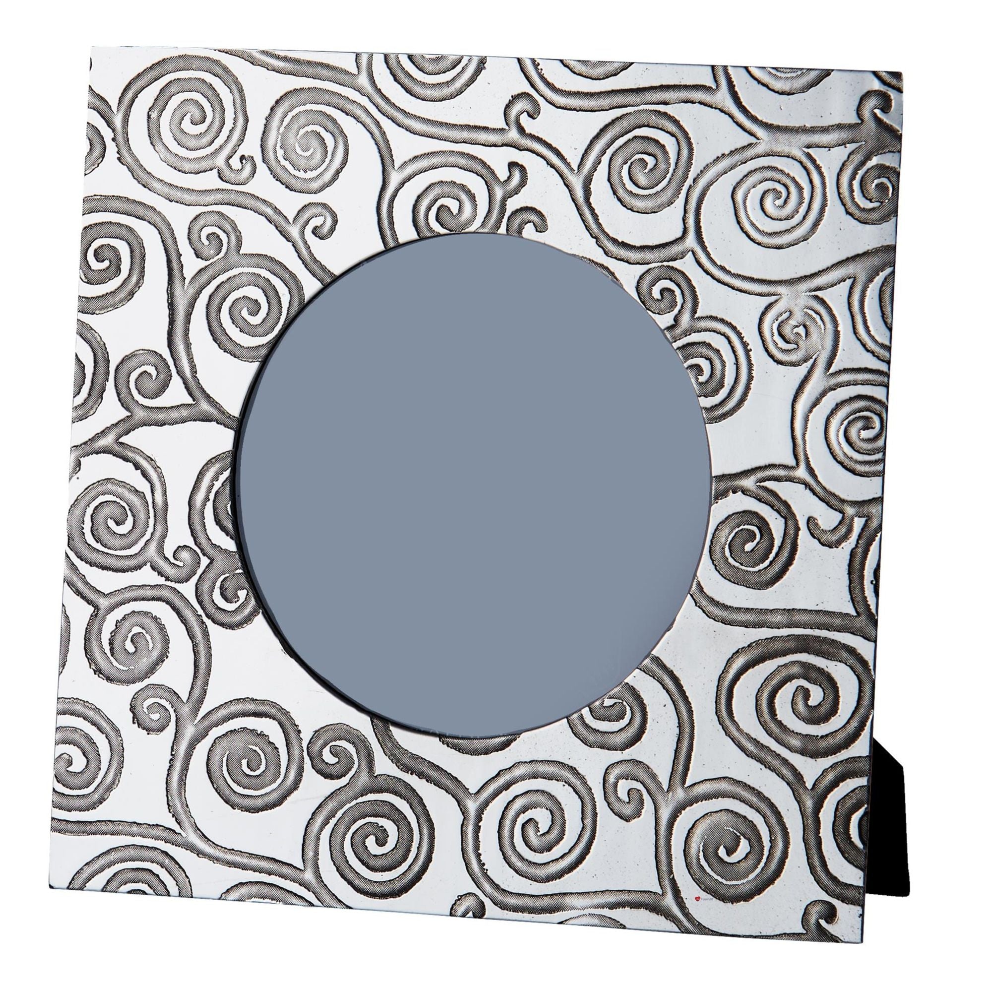 Decorative mirror with a circular blue glass panel on a white background with black spiral pattern