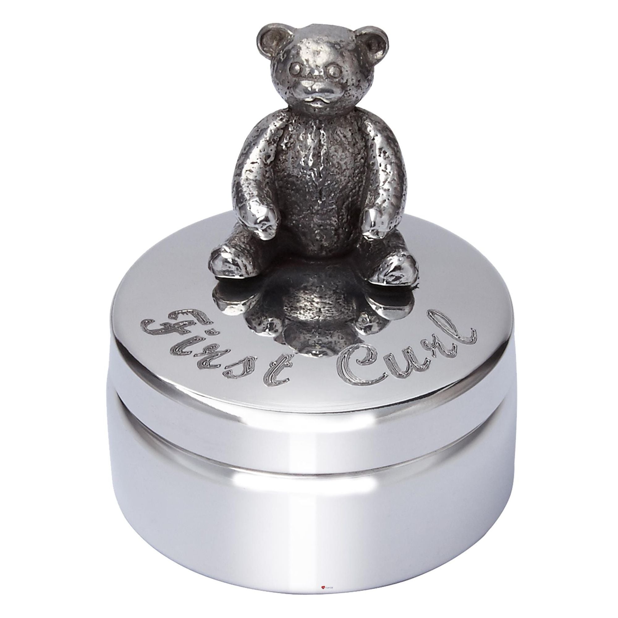 Silver teddy bear on a round silver base with 'First Curl' engraving