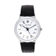 Watch with black strap and white face on a white background