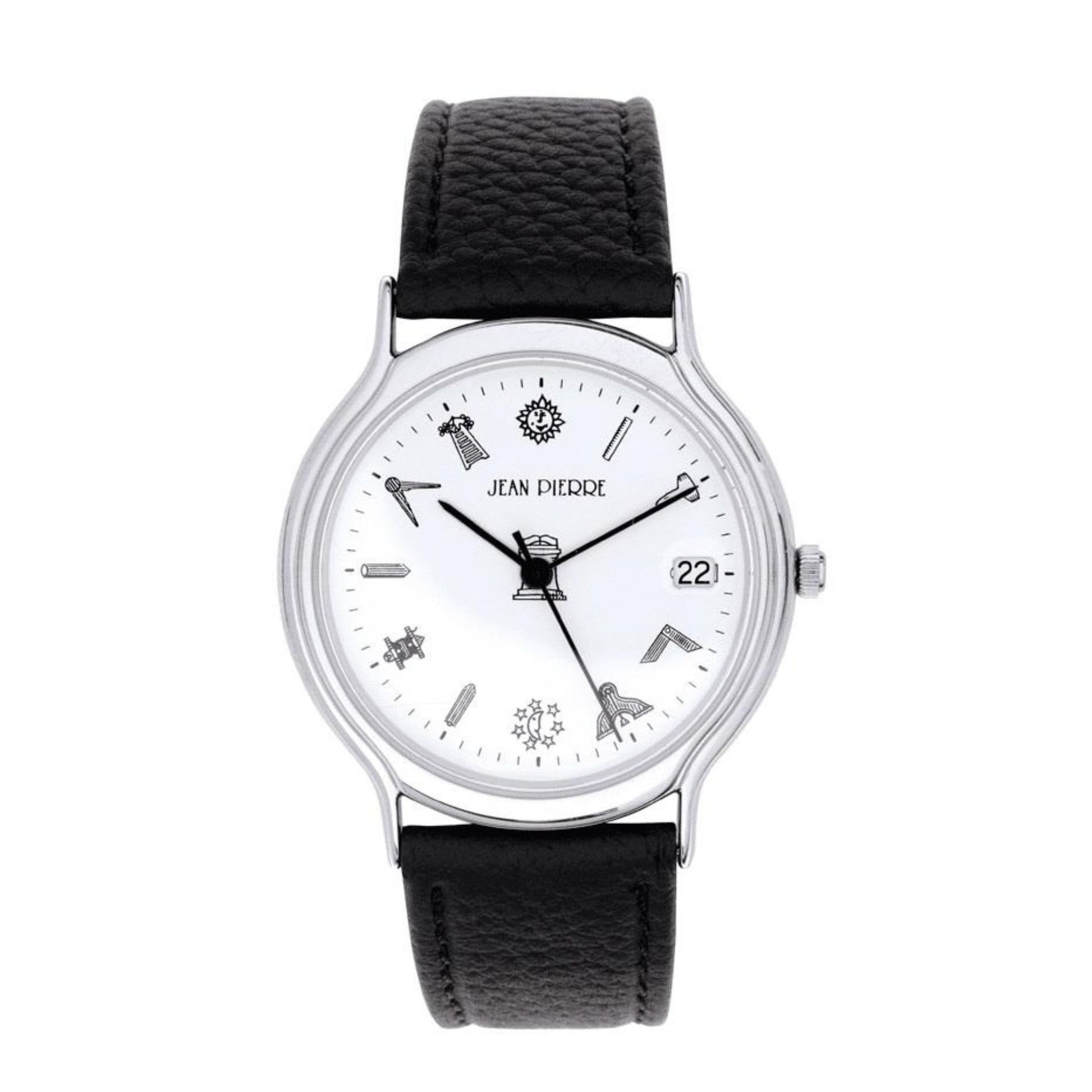 Watch with black strap and white face on a white background
