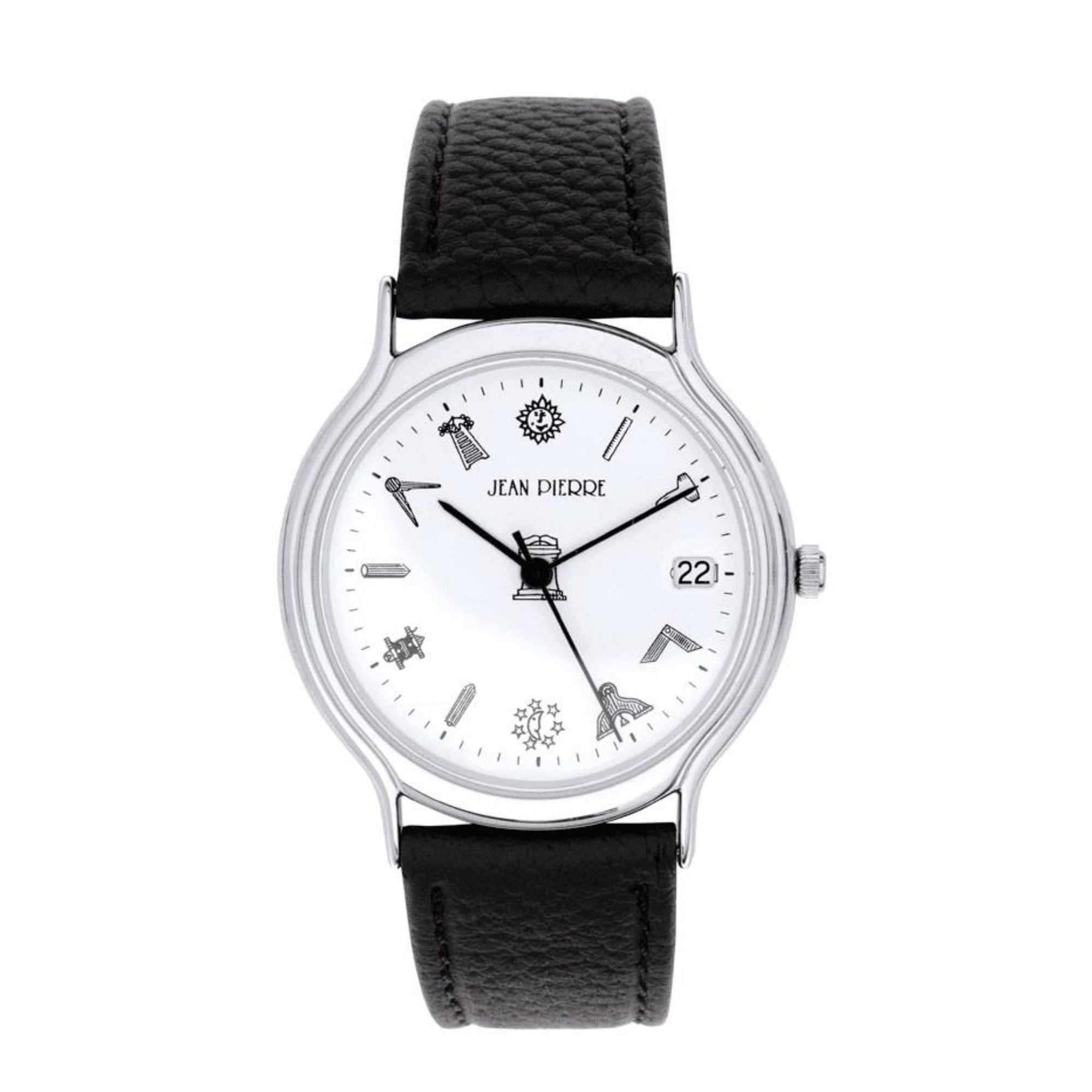 Watch with black strap and white face on a white background