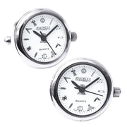 Two silver watches with white faces on a white background
