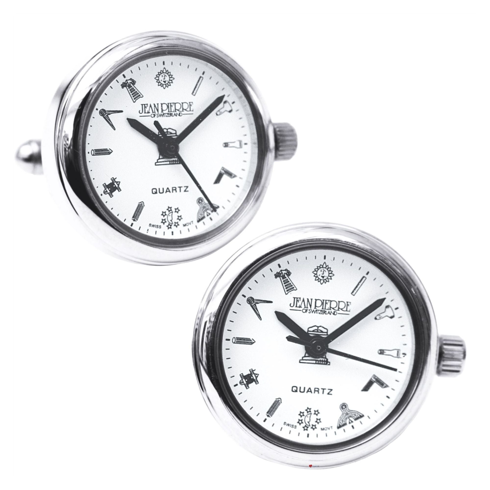 Two silver watches with white faces on a white background