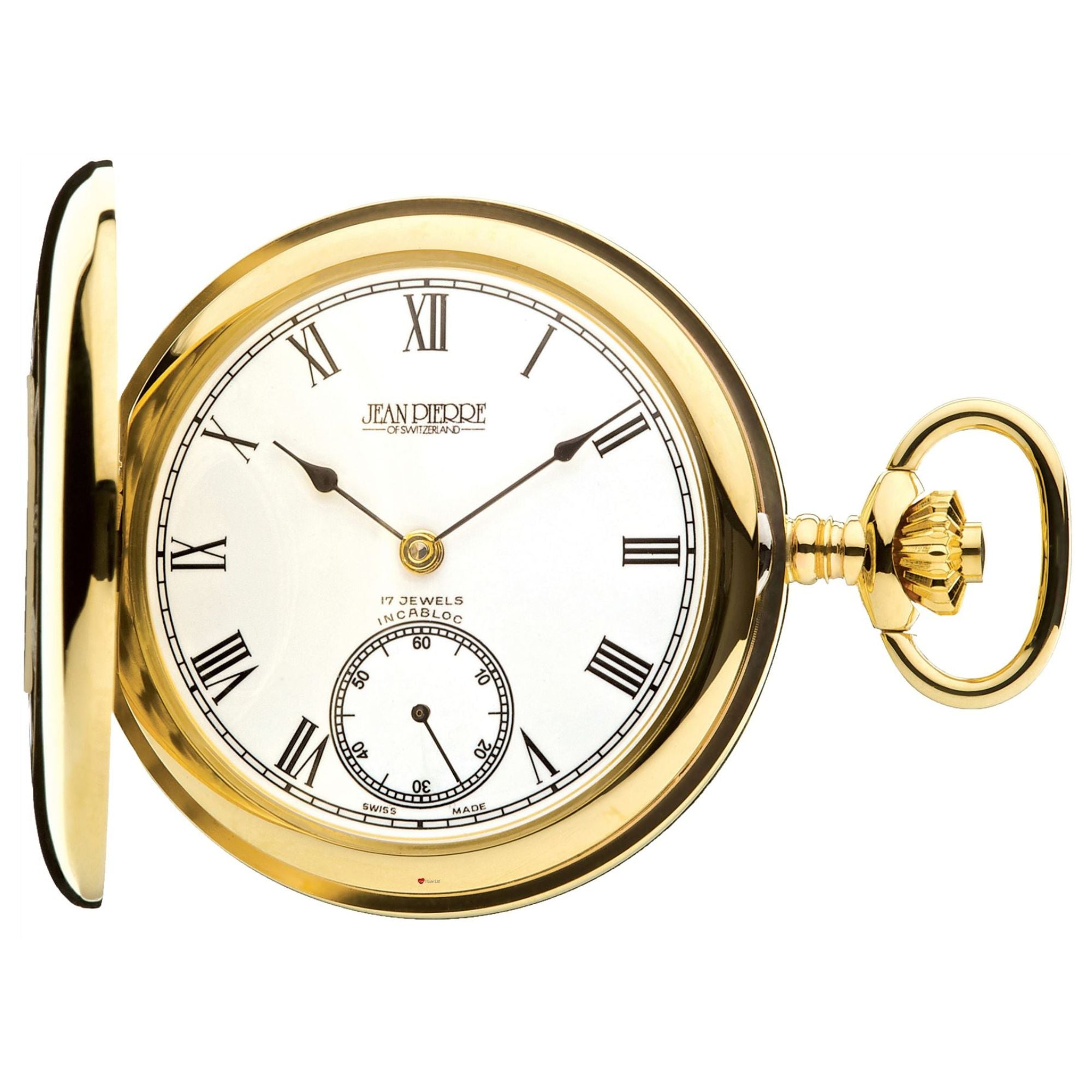 Gold pocket watch with white face and Roman numerals on a white background