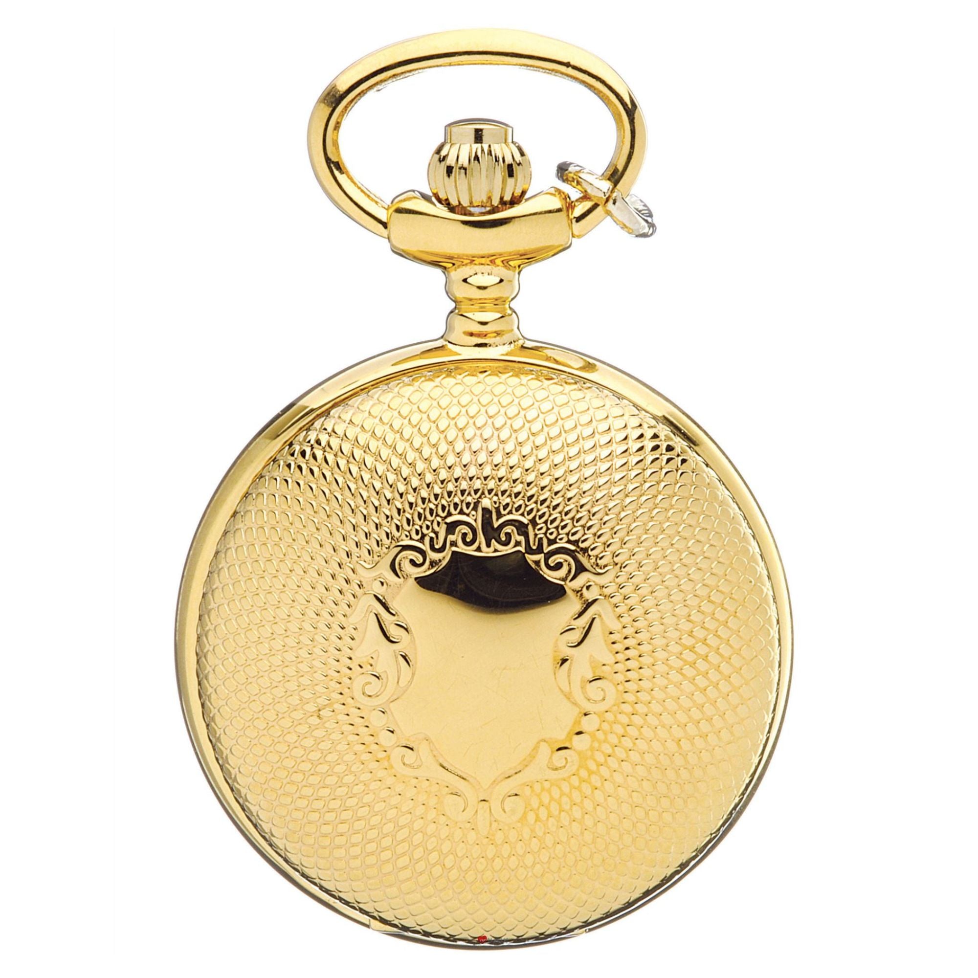 Gold pocket watch with detailed design on a white background