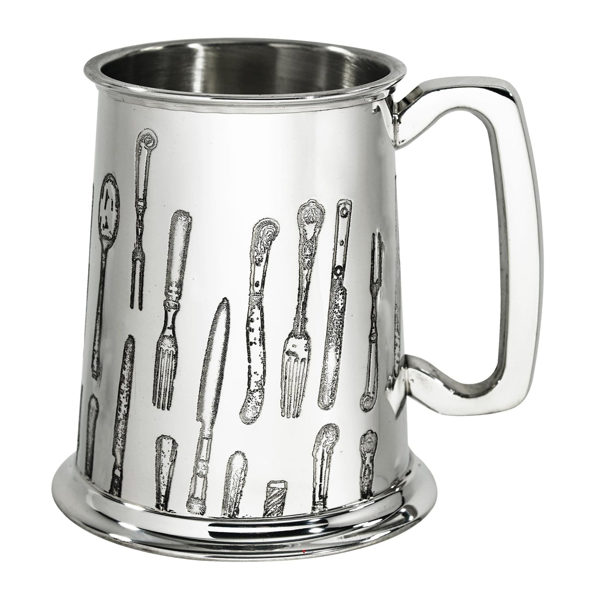 Silver tankard with engraved cutlery design on a white background