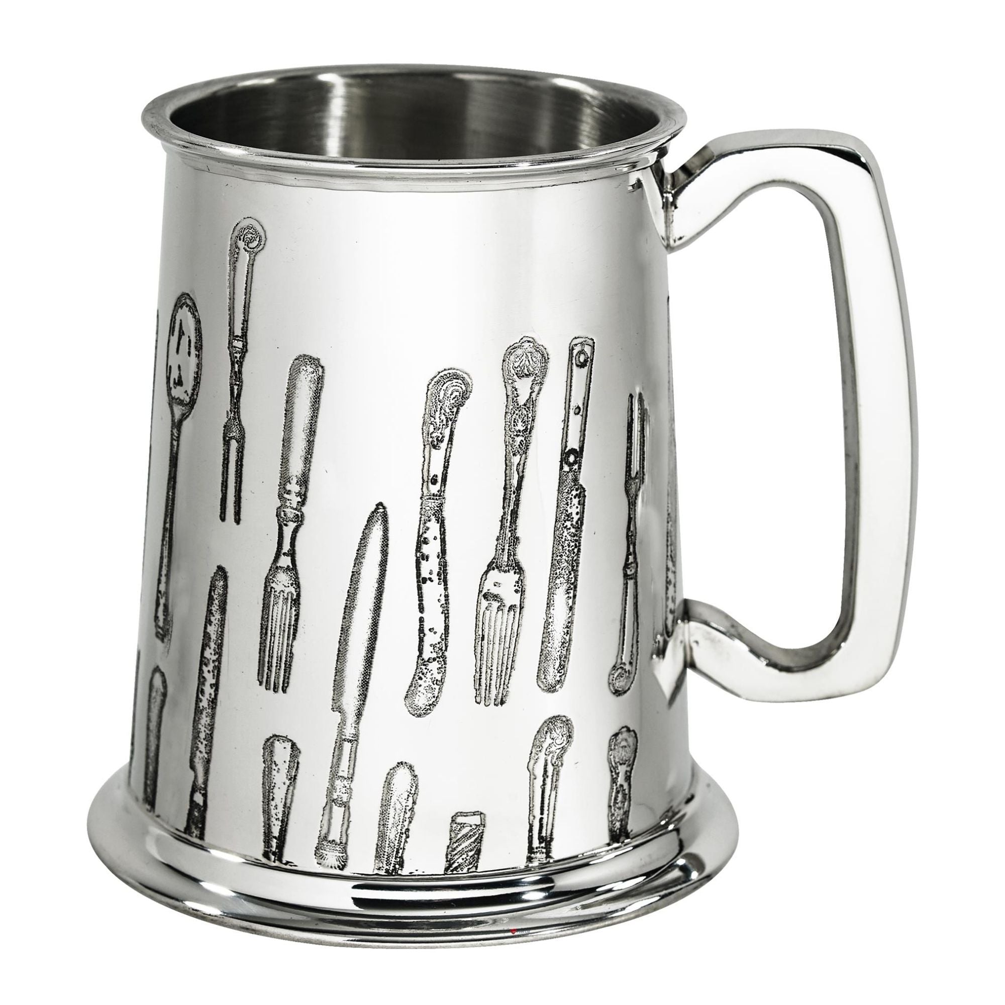 Silver tankard with engraved cutlery design on a white background