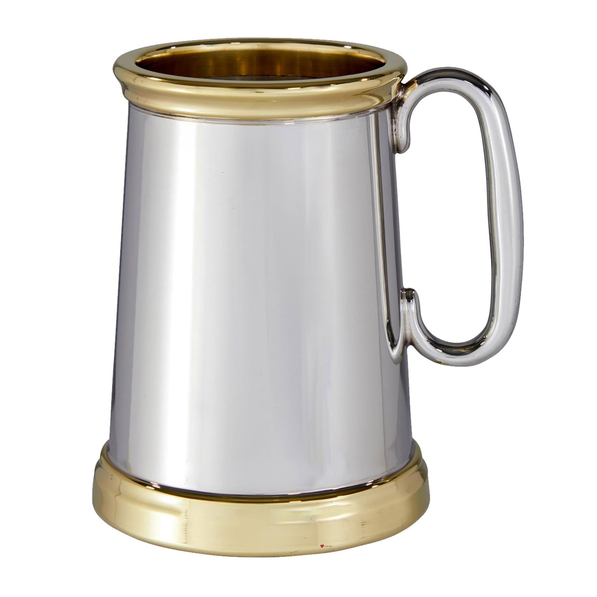 Silver tankard with gold rim and base on a white background