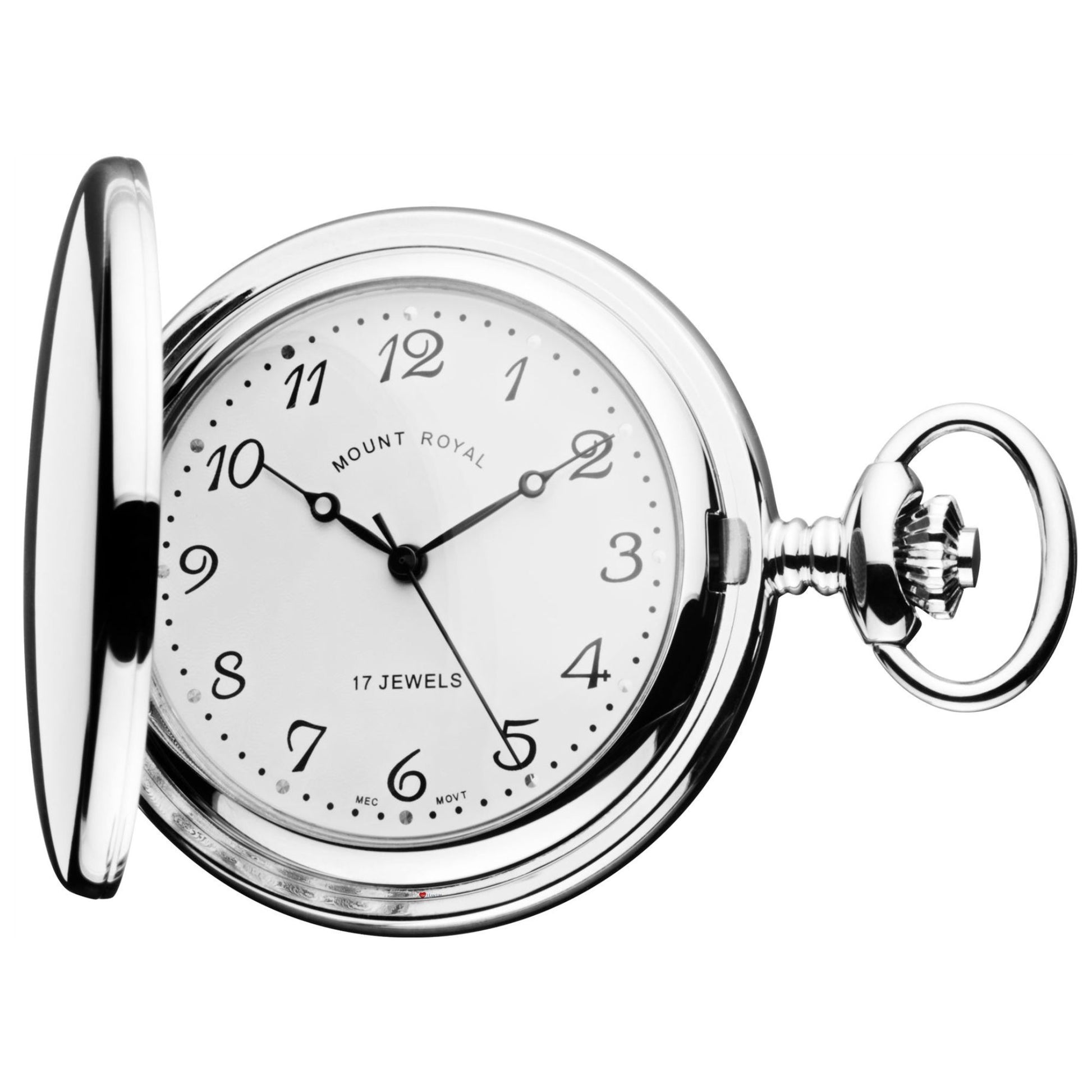 Silver pocket watch with white face on a white background