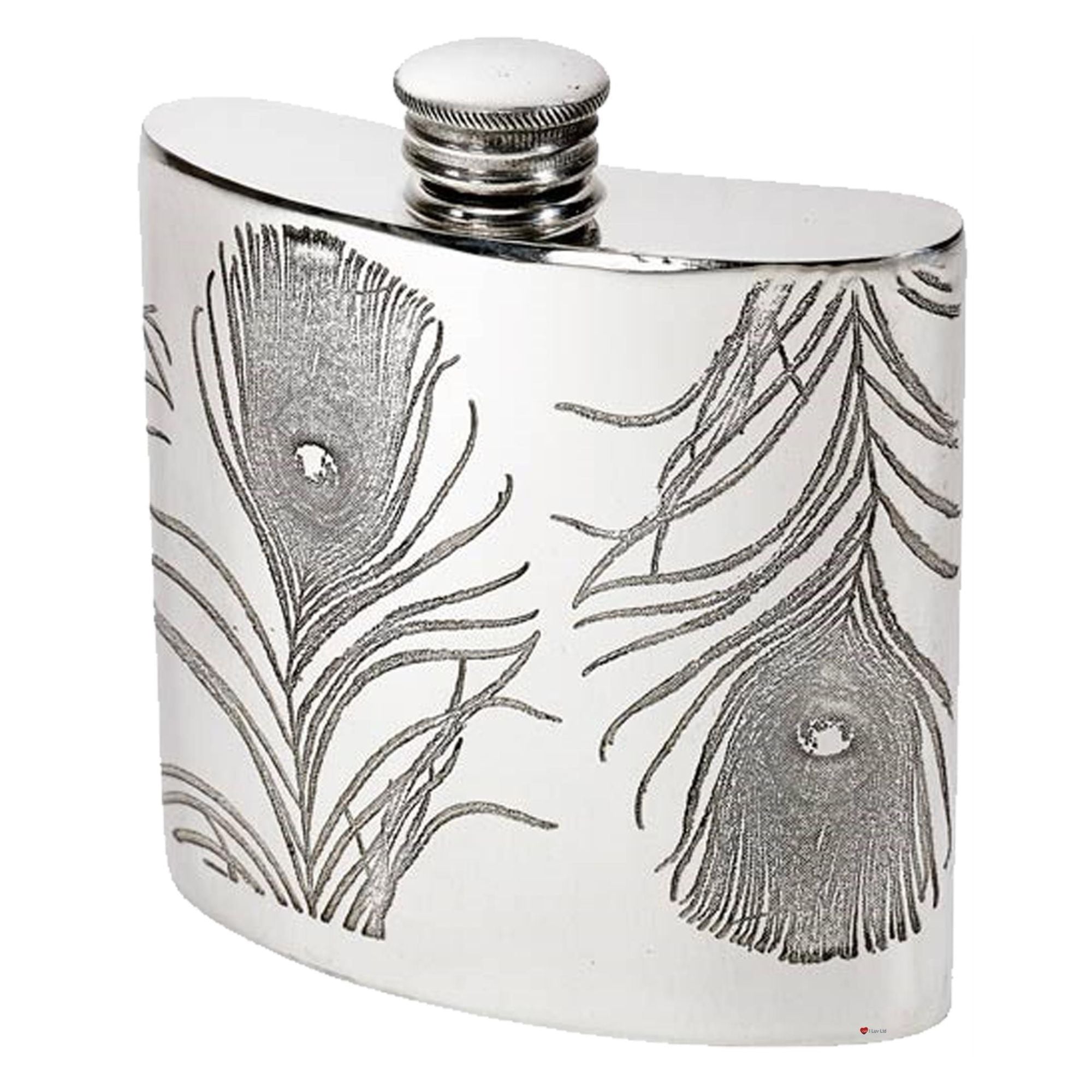 Silver hip flask with peacock feather design on a white background