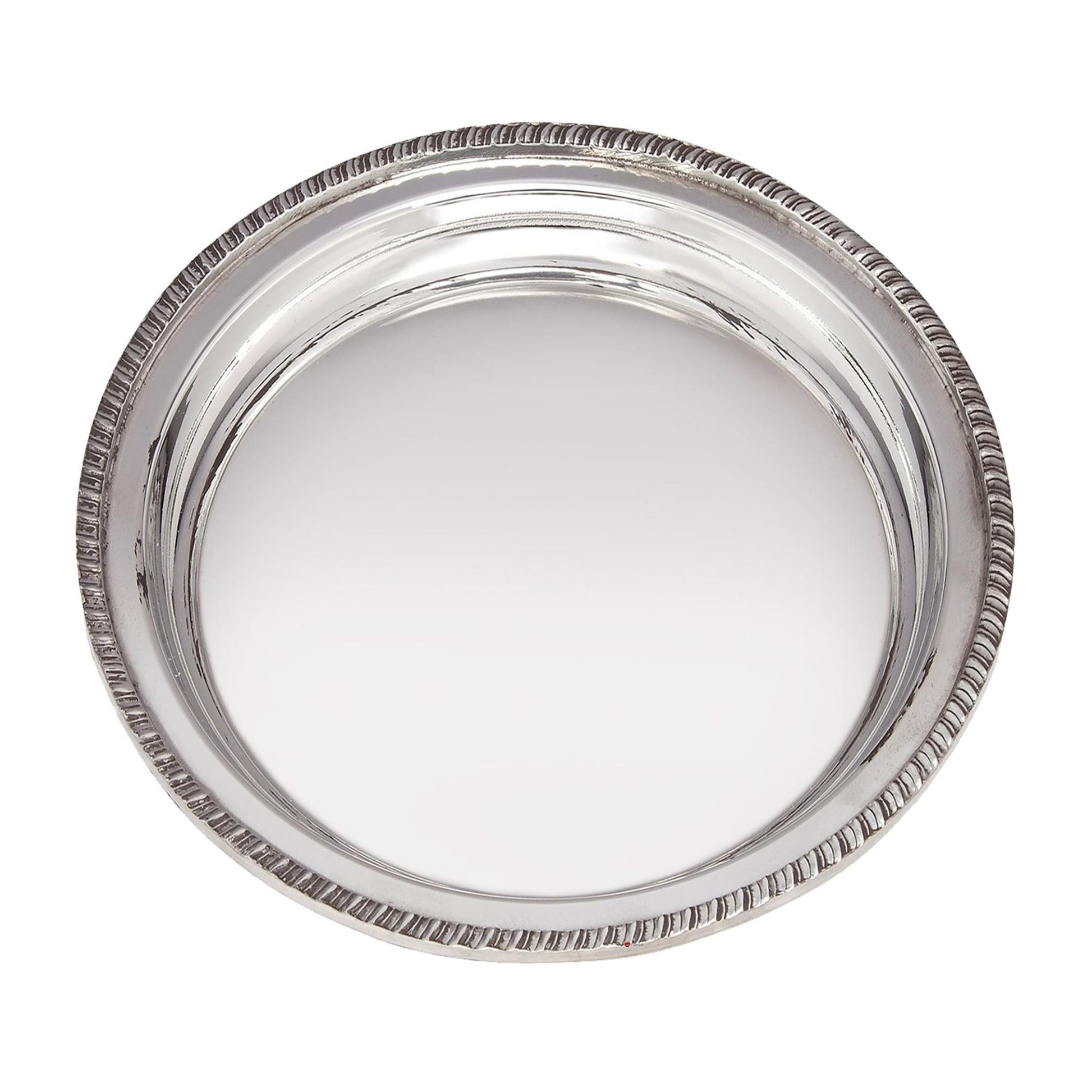 Silver round tray with beaded edge on a white background