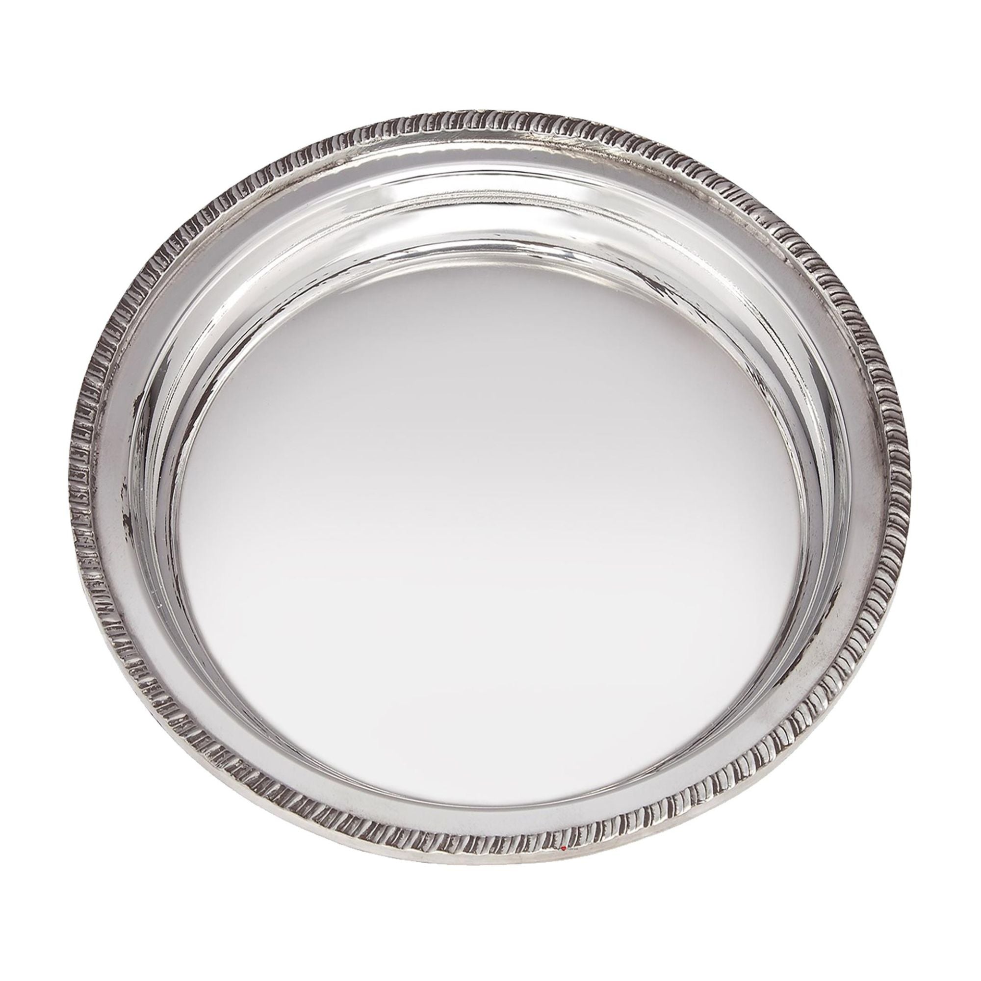 Silver round tray with beaded edge on a white background
