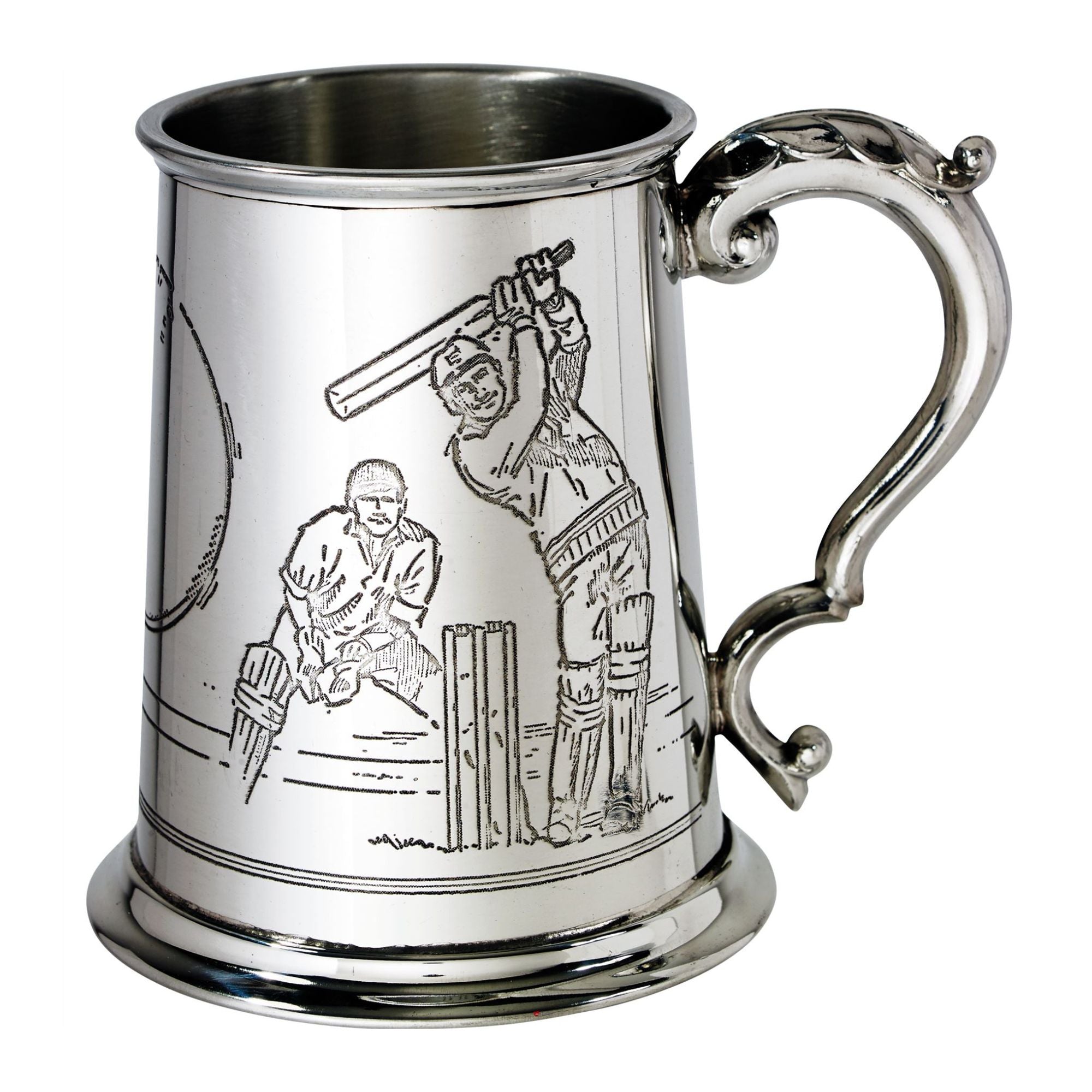 Silver tankard with engraved cricket scenes on a white background