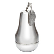 Silver pear-shaped container with leaf detail on a white background
