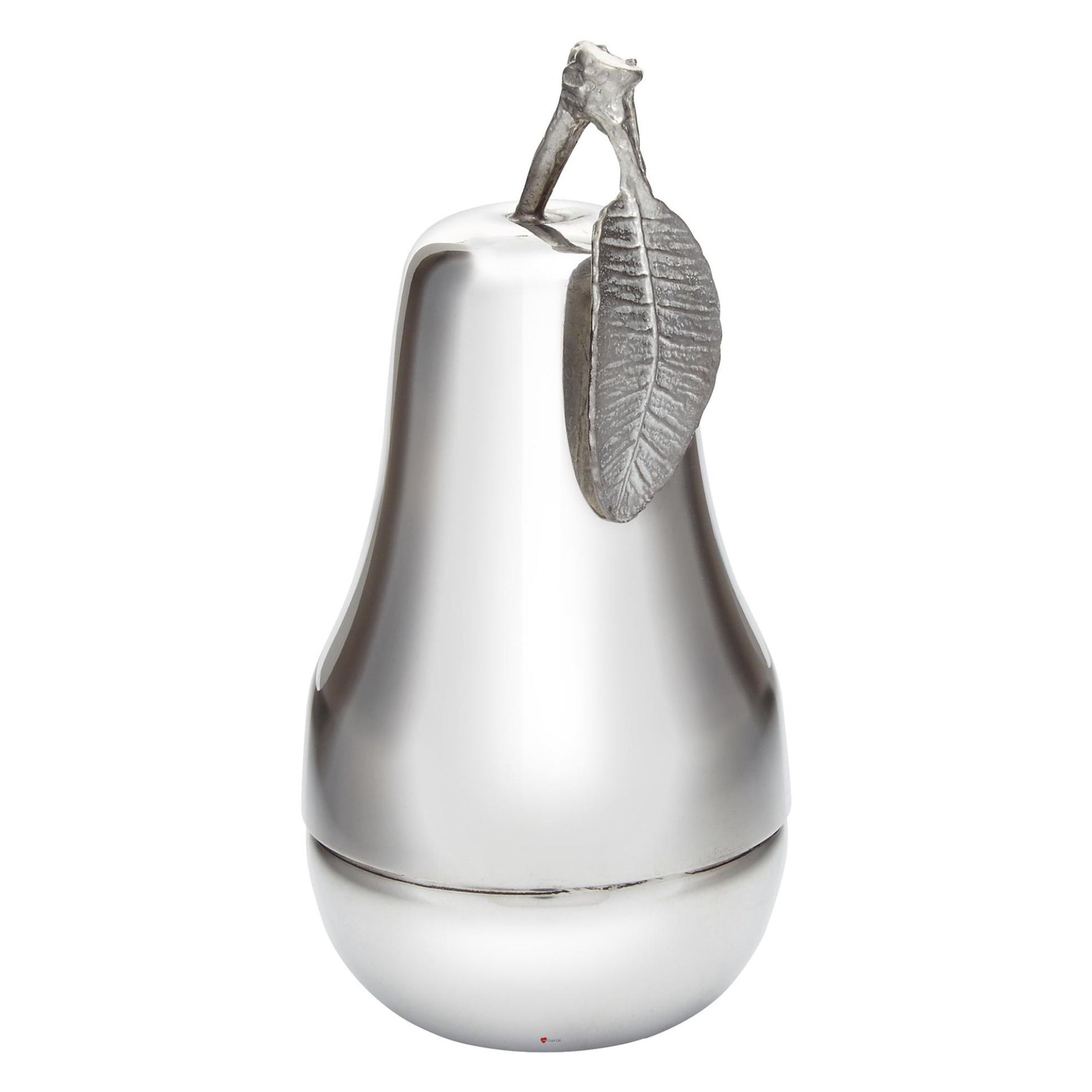 Silver pear-shaped container with leaf detail on a white background