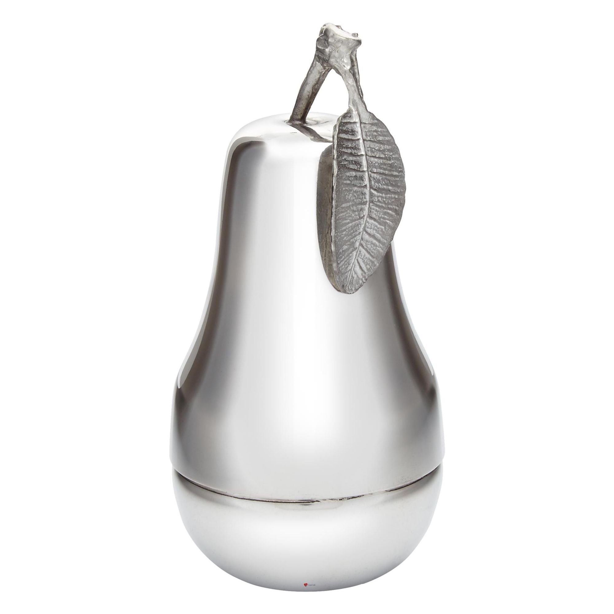 Silver pear-shaped container with leaf detail on a white background