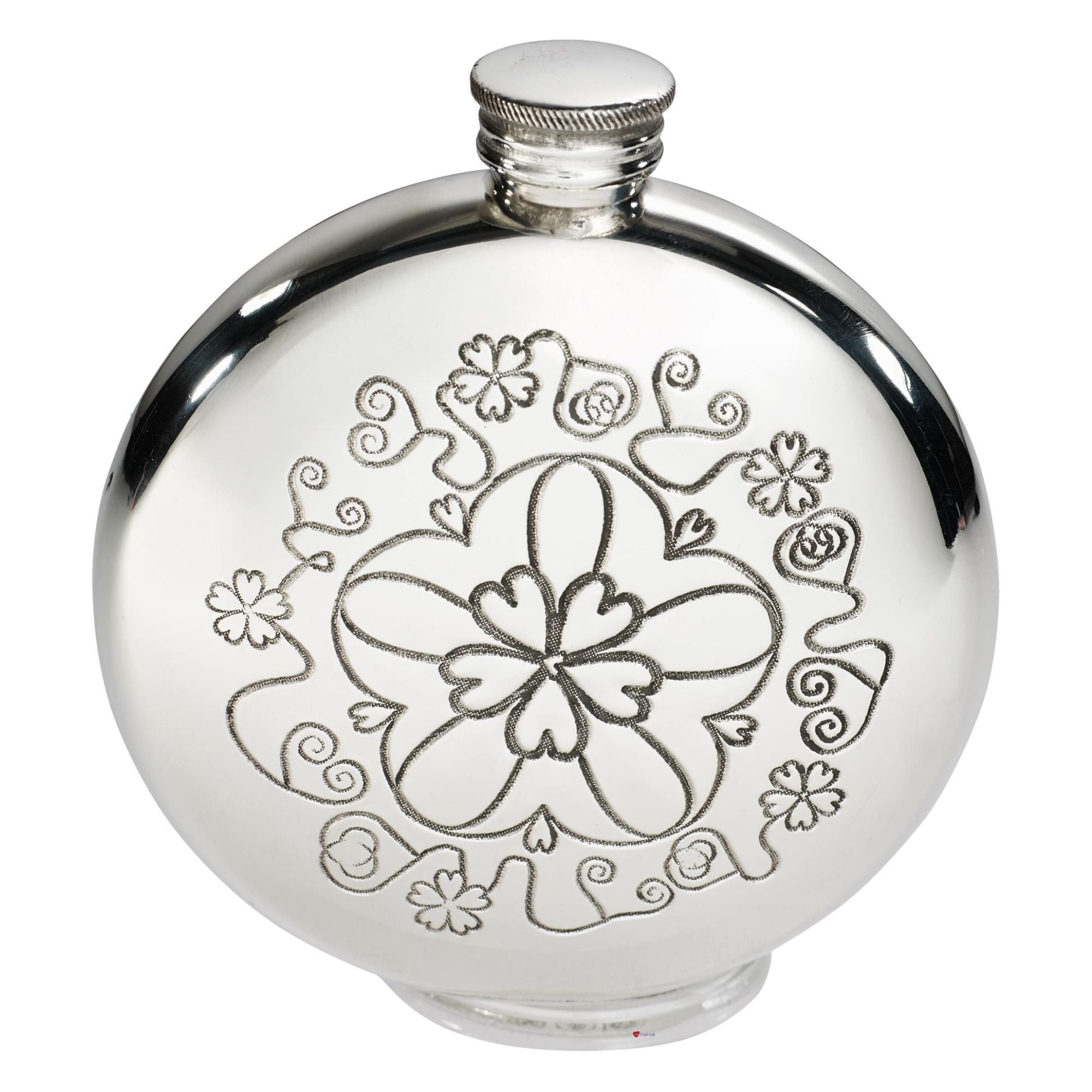 Silver flask with floral engraving on a white background