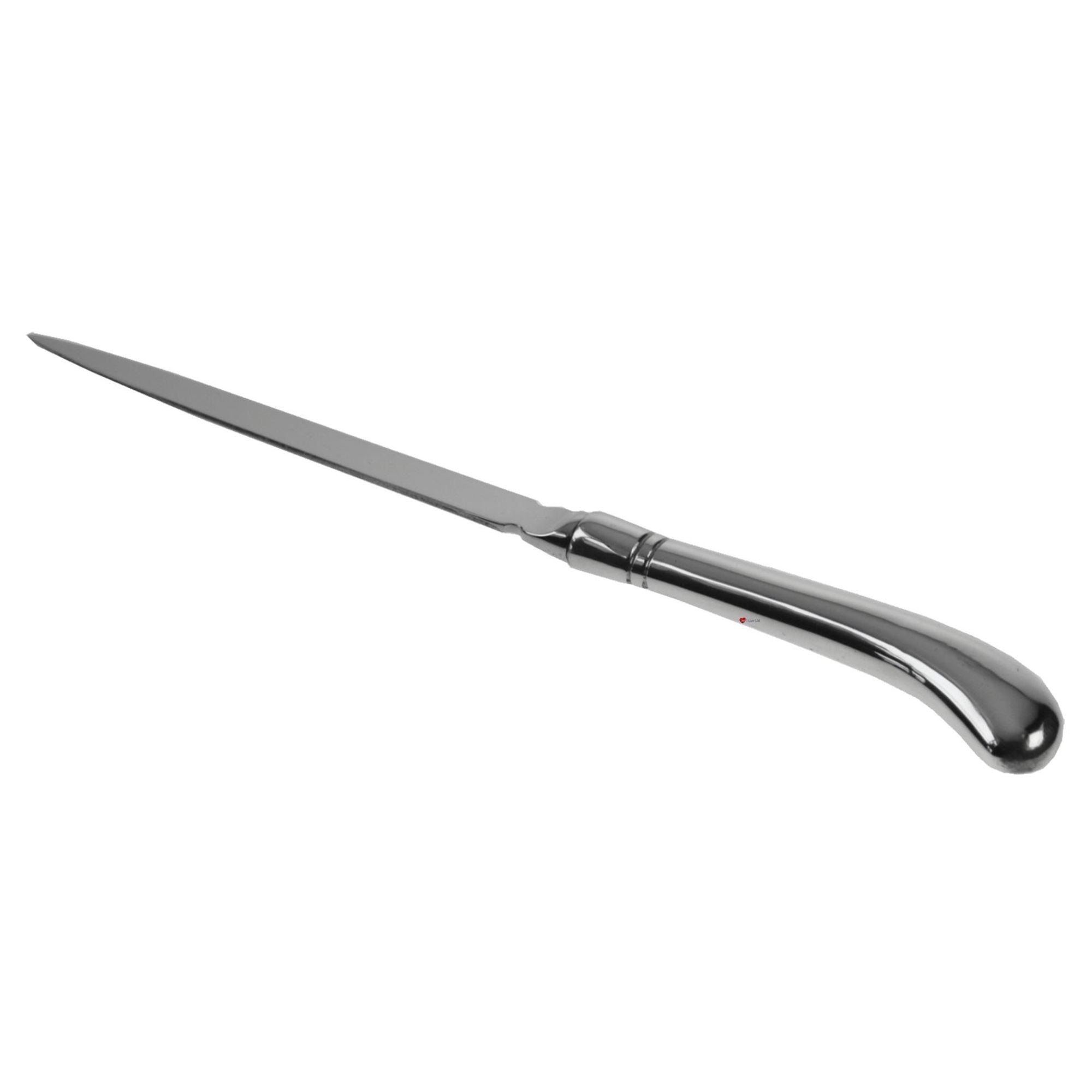 Stainless steel letter opener on a white background