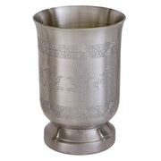 Silver cup with engraved patterns on a white background