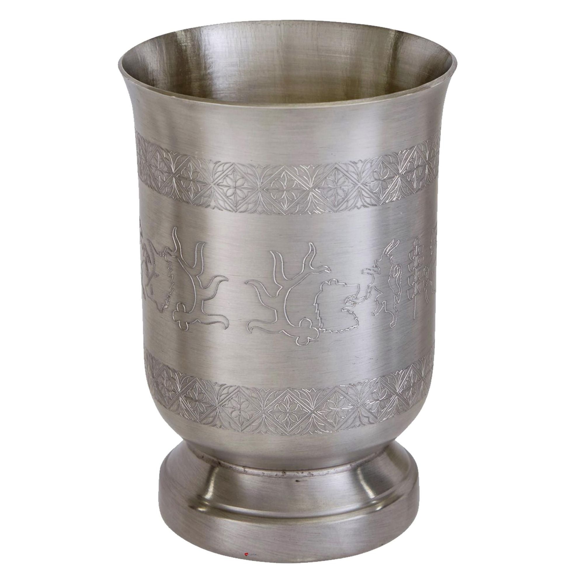 Silver cup with engraved patterns on a white background