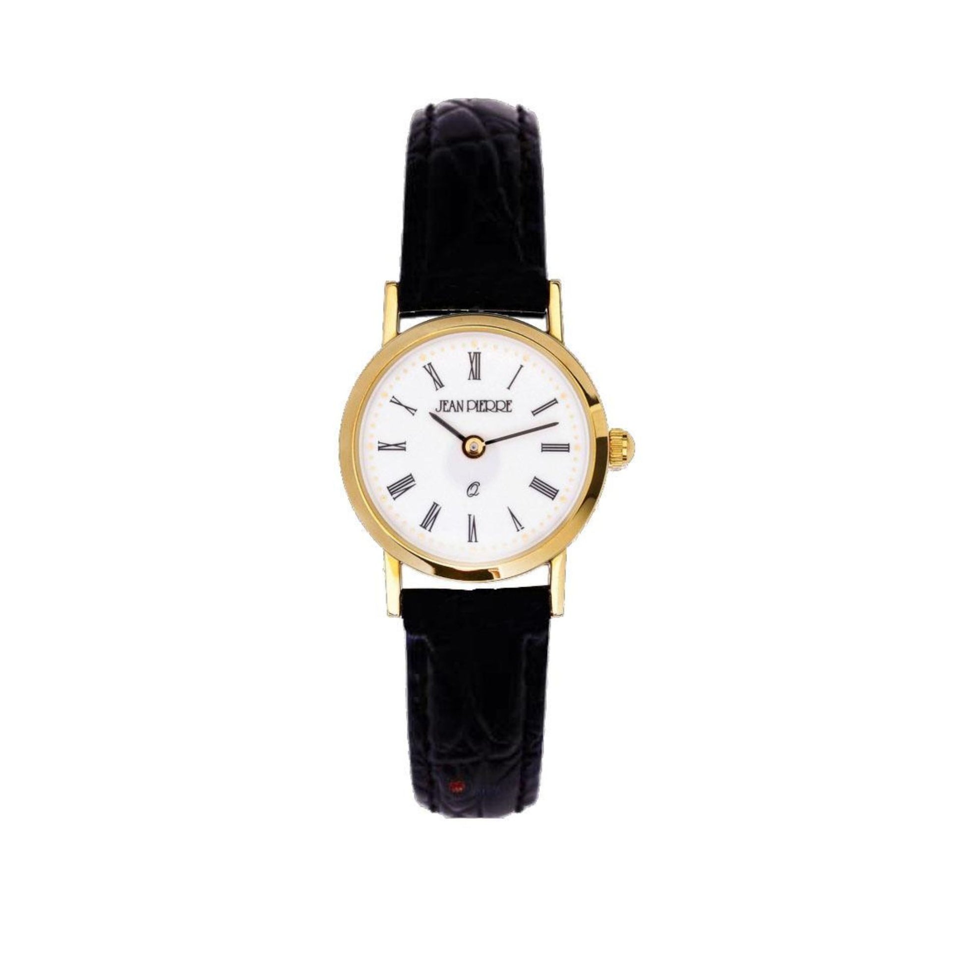 Wristwatch with black strap and gold case on a white background
