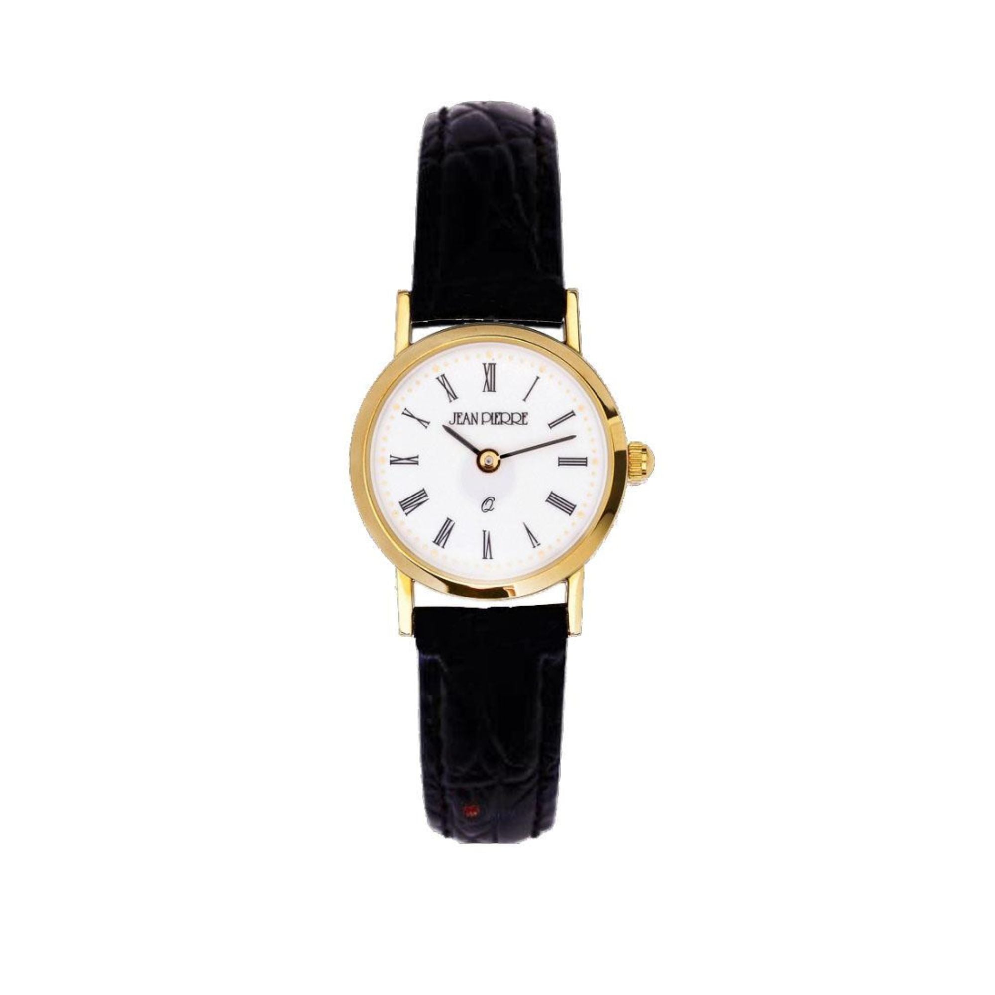 Wristwatch with black strap and gold case on a white background