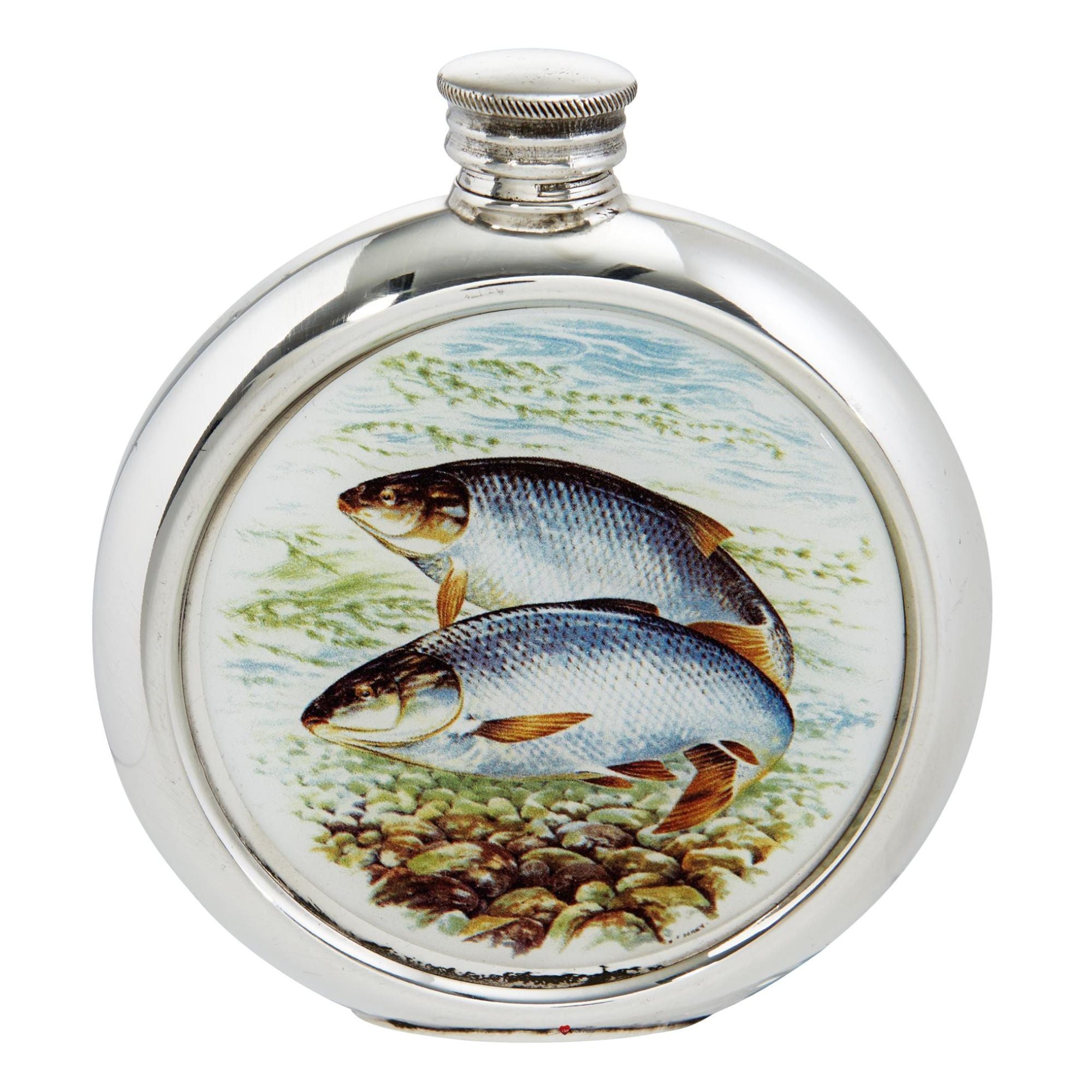 Silver flask with fish design on a white background