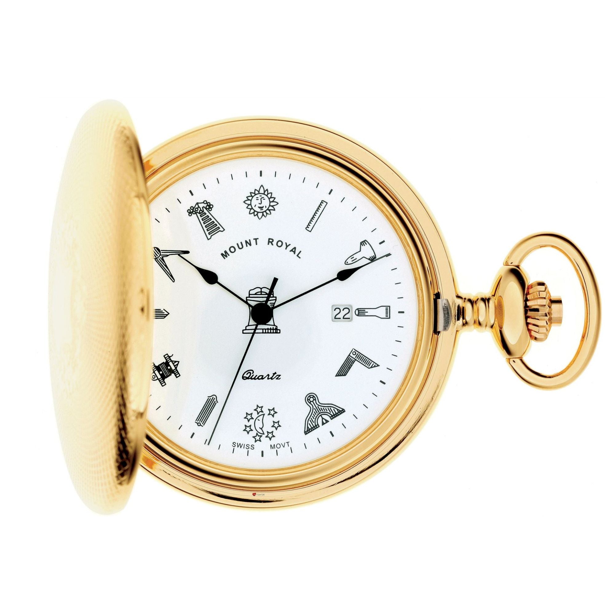 Pocket Watch Gold Plated Full Hunter Masonic Date Miilled Lid Chain