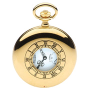 Gold pocket watch with Roman numeral markings on a white background