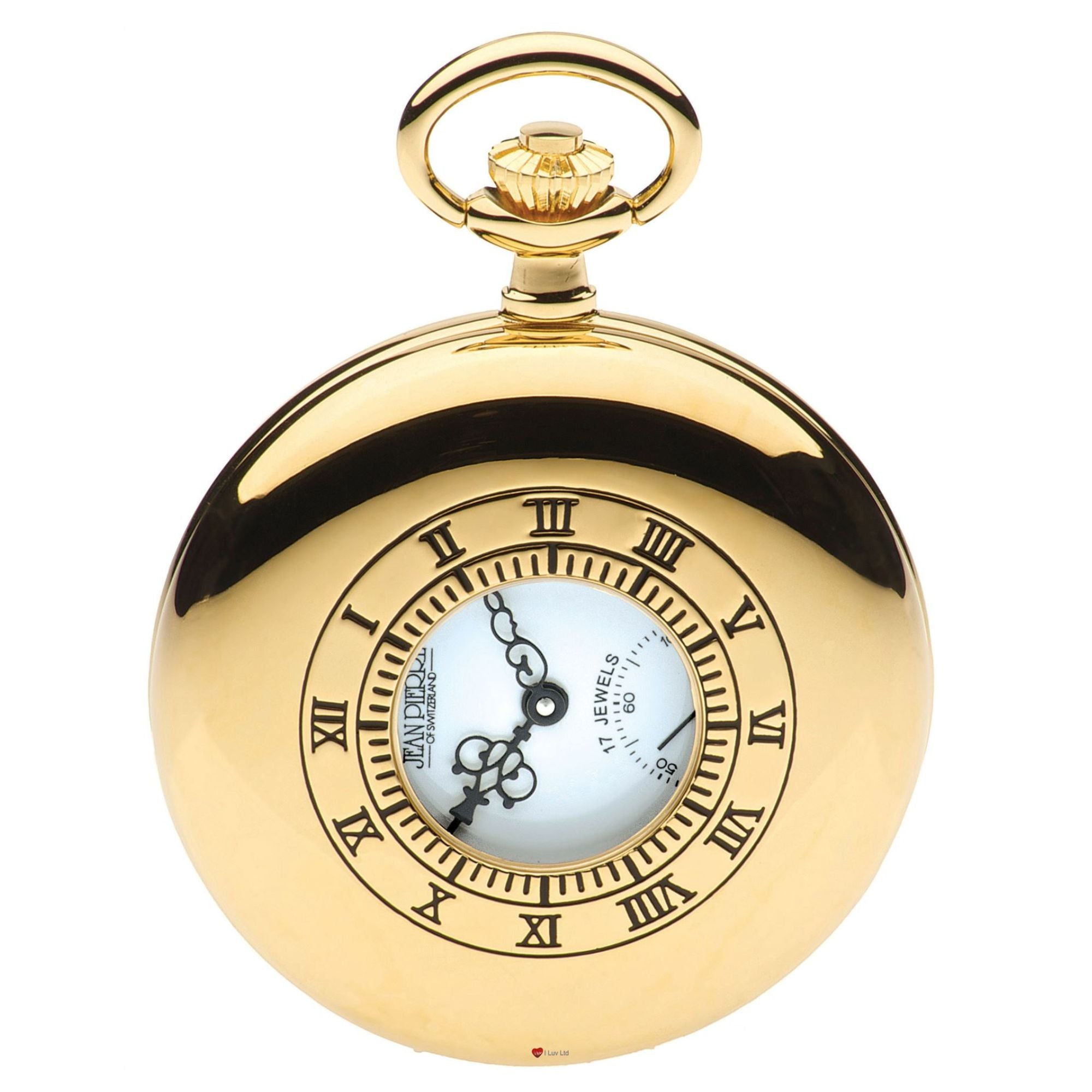 Gold pocket watch with Roman numeral markings on a white background