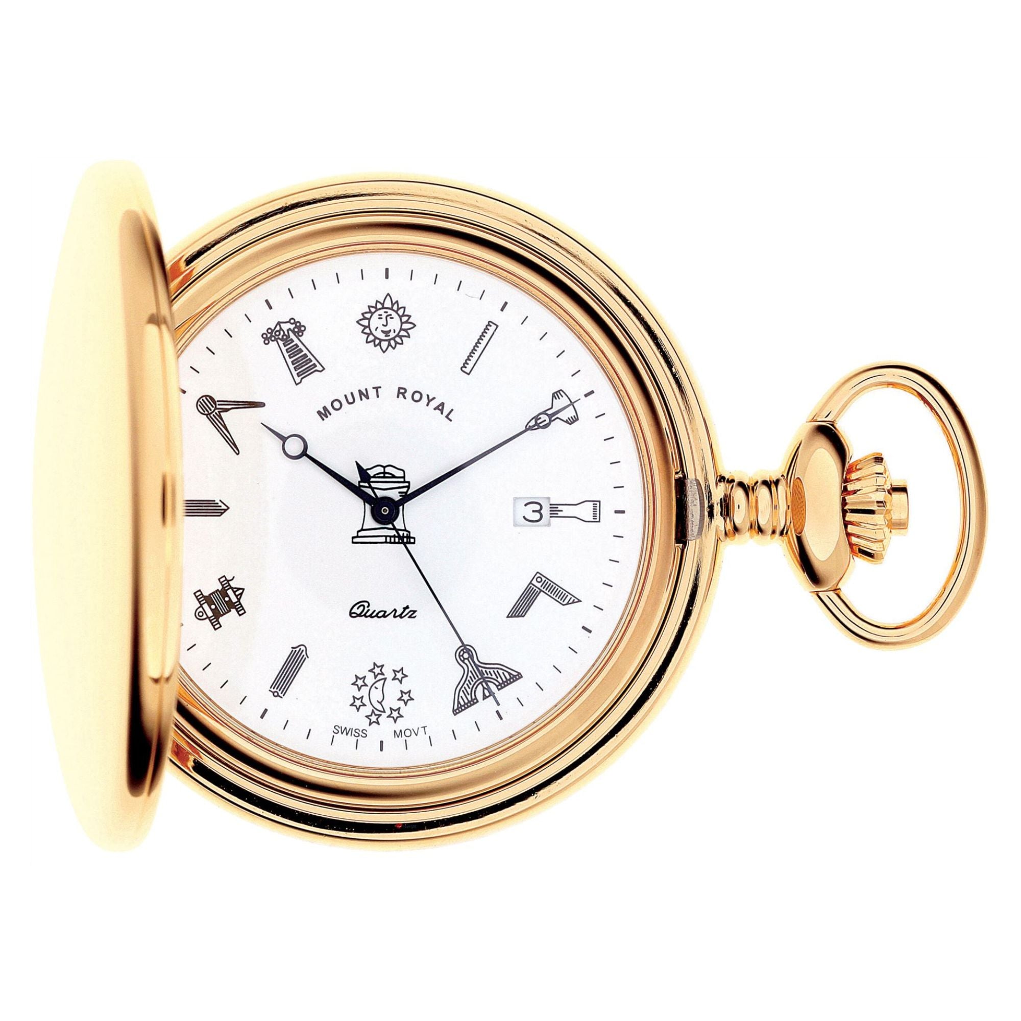 Pocket Watch Gold Plated Full Hunter Masonic Date Quartz Movement Chain