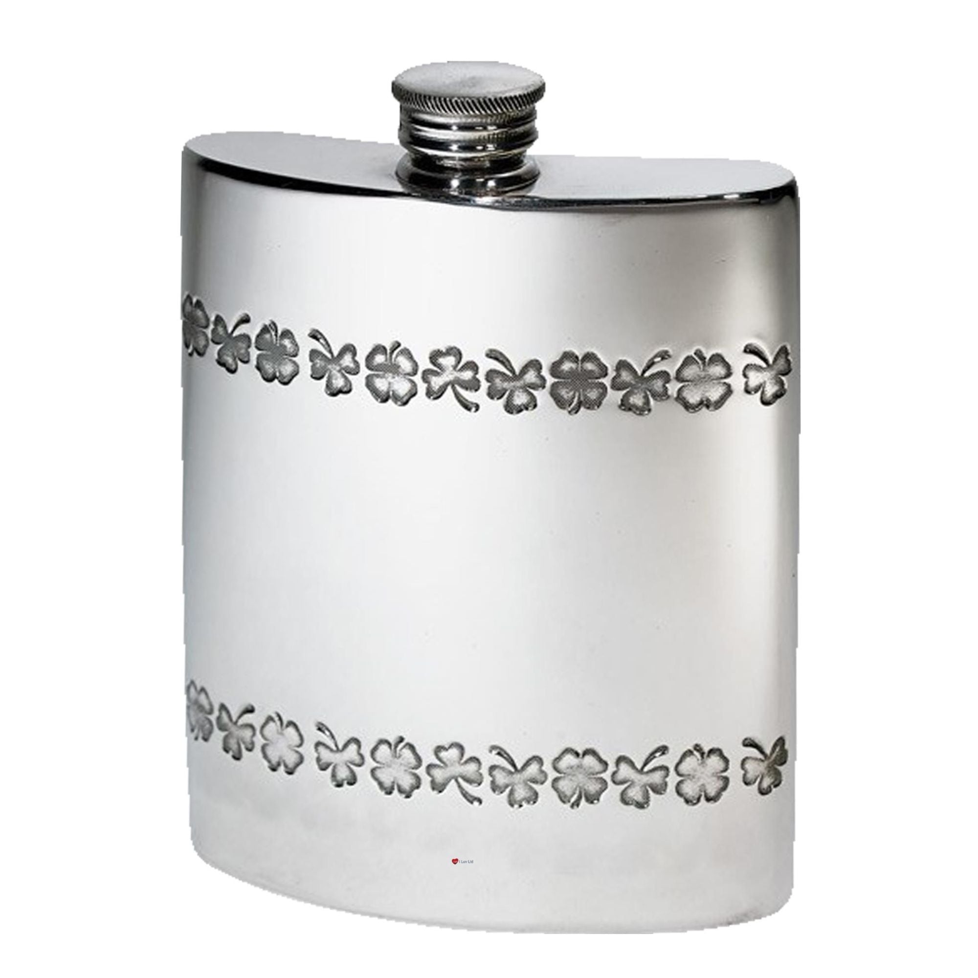 Silver hip flask with floral patterns on a white background