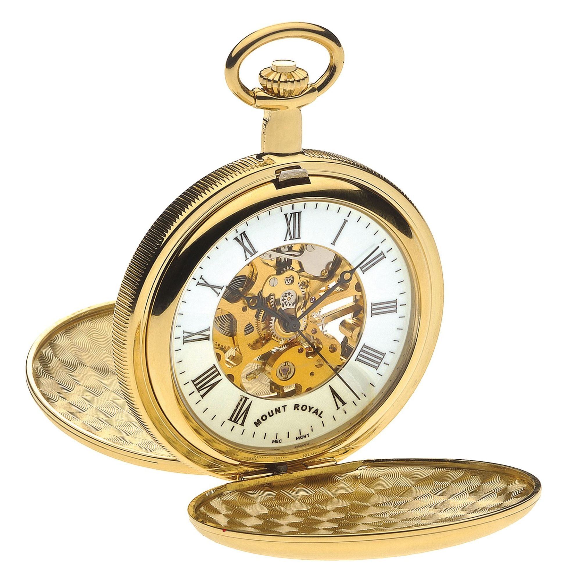 Gold pocket watch with open face on a white background
