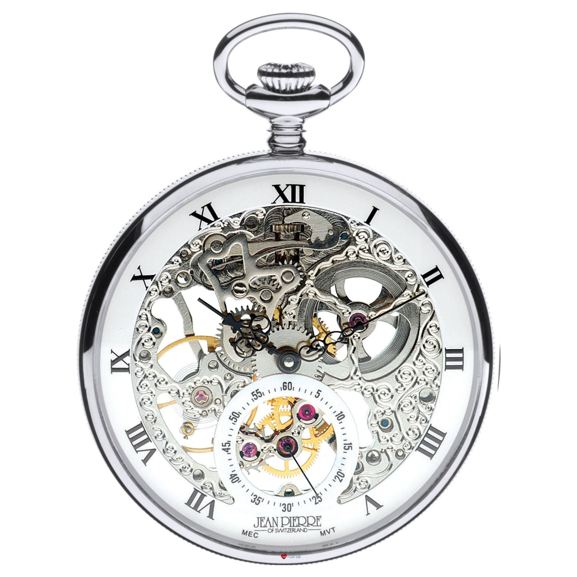 Mechanical pocket watch with visible gears and Roman numerals on a white background