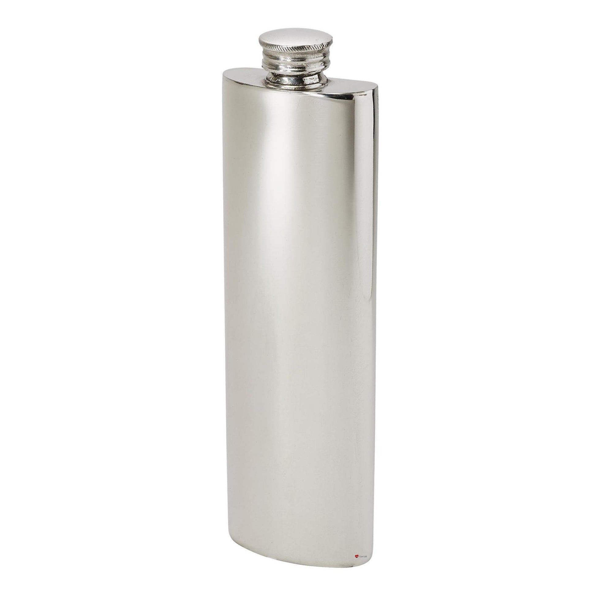 Silver flask with a shiny finish on a white background