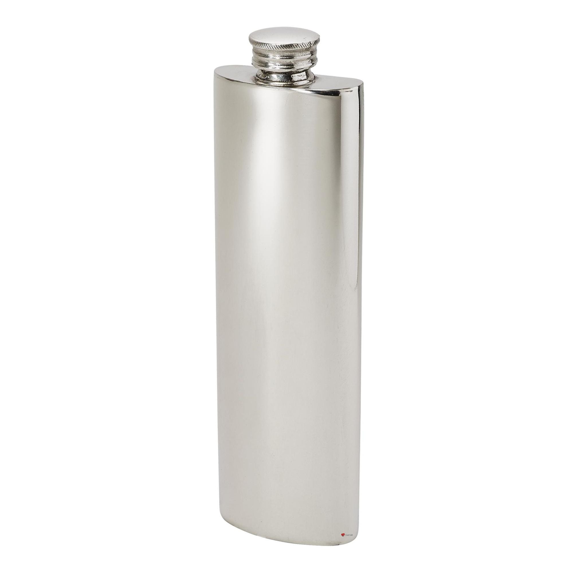 Silver flask with a shiny finish on a white background