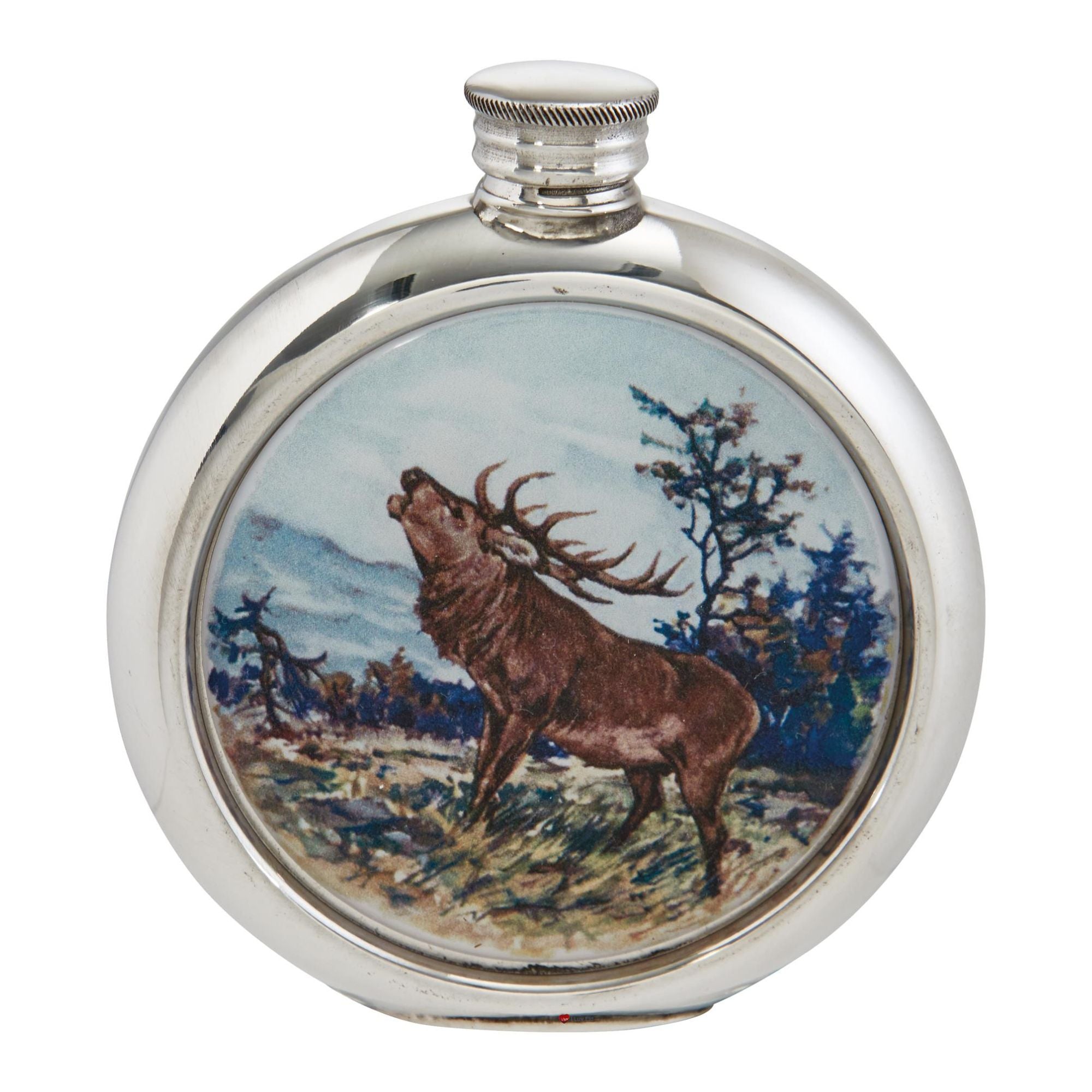 Silver flask with a stag design on a white background