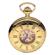 Half Hunter Skeleton Pocket Watch Gold Plated Polished Back 17 Jewel Movement