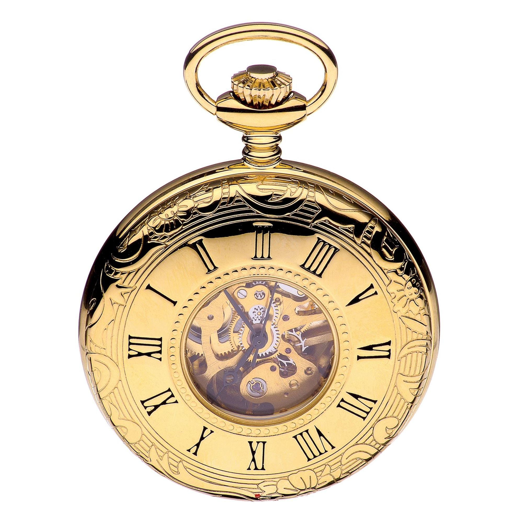Half Hunter Skeleton Pocket Watch Gold Plated Polished Back 17 Jewel Movement
