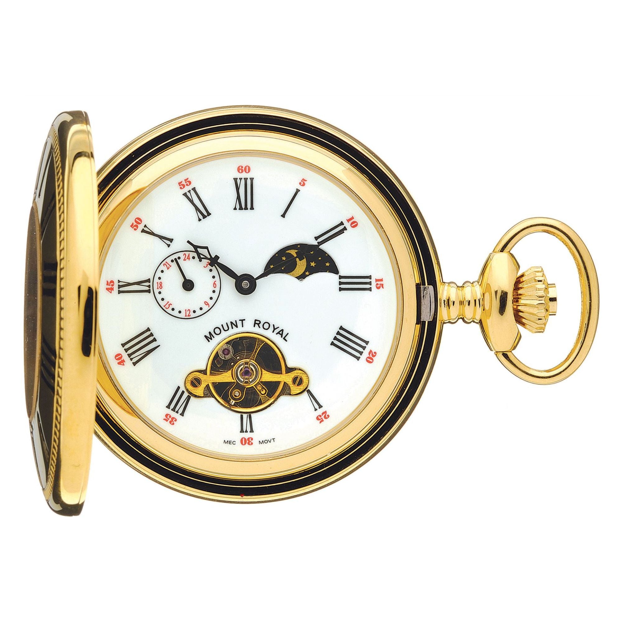 Half Hunter Skeleton Pocket Watch Gold Plated Moon Phases 17 Jewel