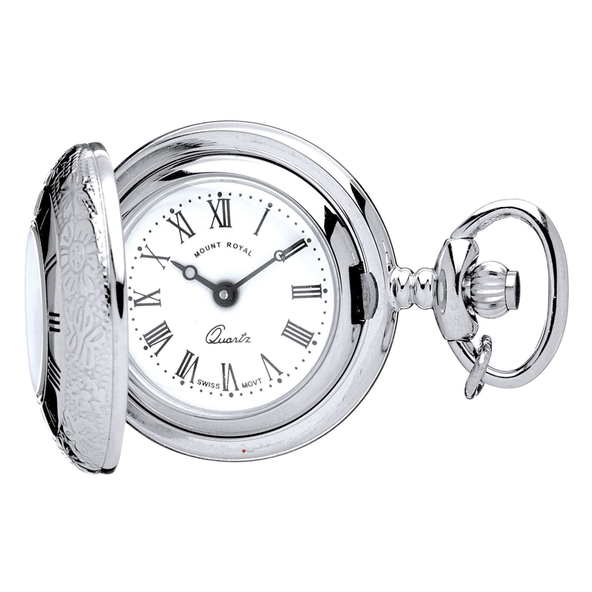 Silver pocket watch with white face and Roman numerals on a white background