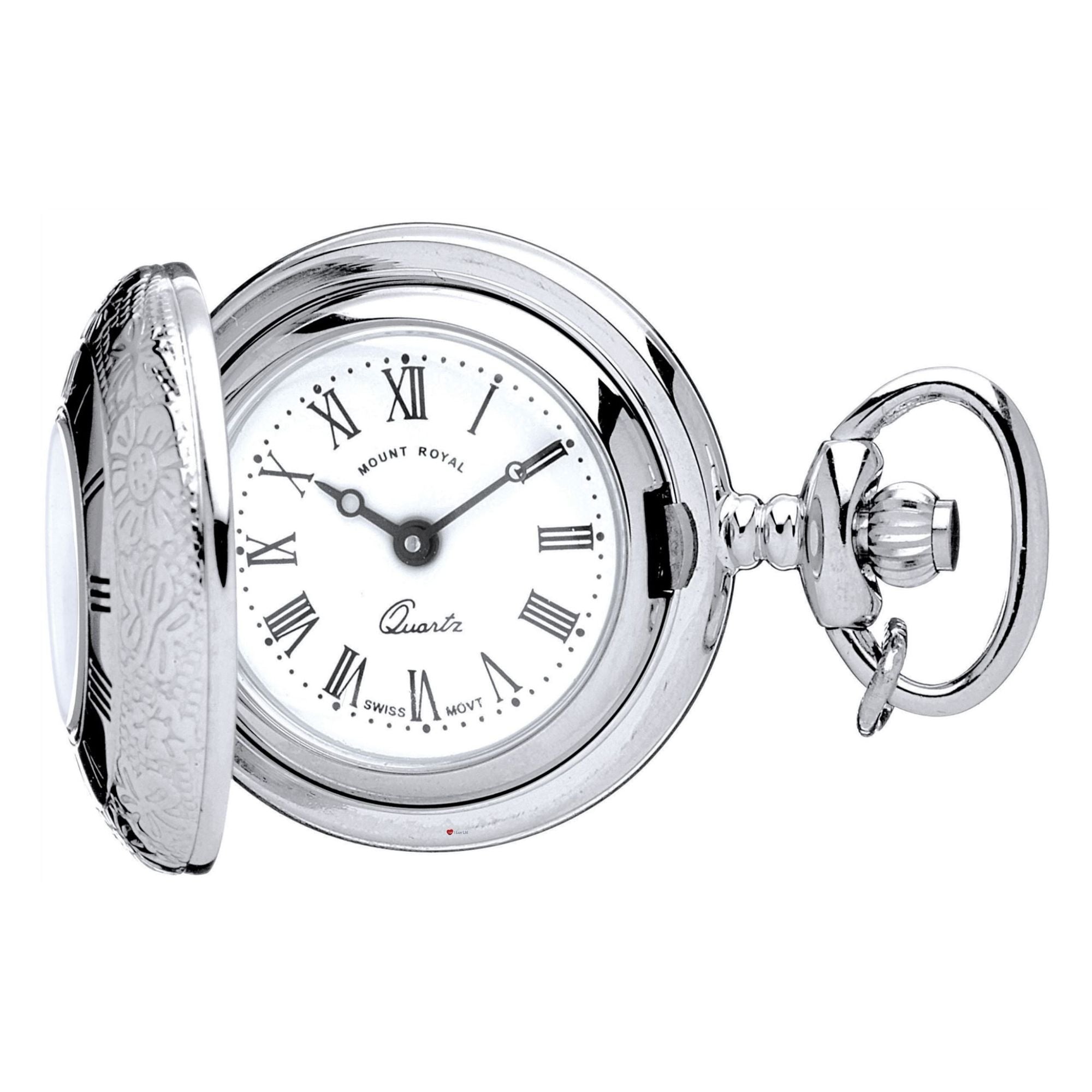 Silver pocket watch with white face and Roman numerals on a white background